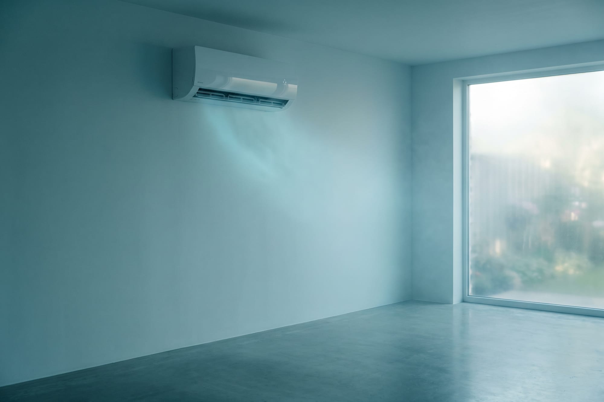 Wall-mounted split air-conditioning unit in a bright, cool room